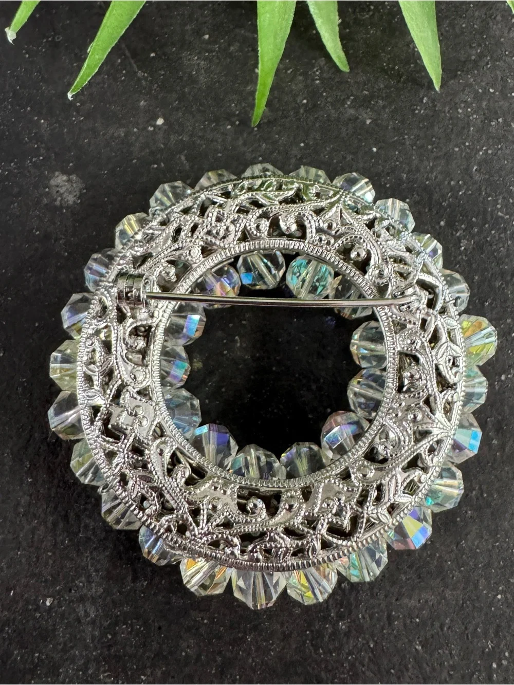 Vintage 50s Retro Aurora Borealis Faceted Crystal Bead Wreath Circle Brooch Pin
